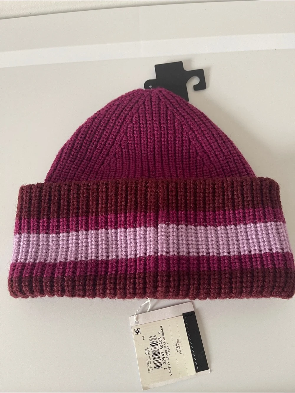 Coach Striped Rib-Knit Beanie in Berry and Mauve